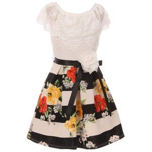 Off Shoulder Floral Stripe Holiday Party Easter Graduation Flower Girl Dress